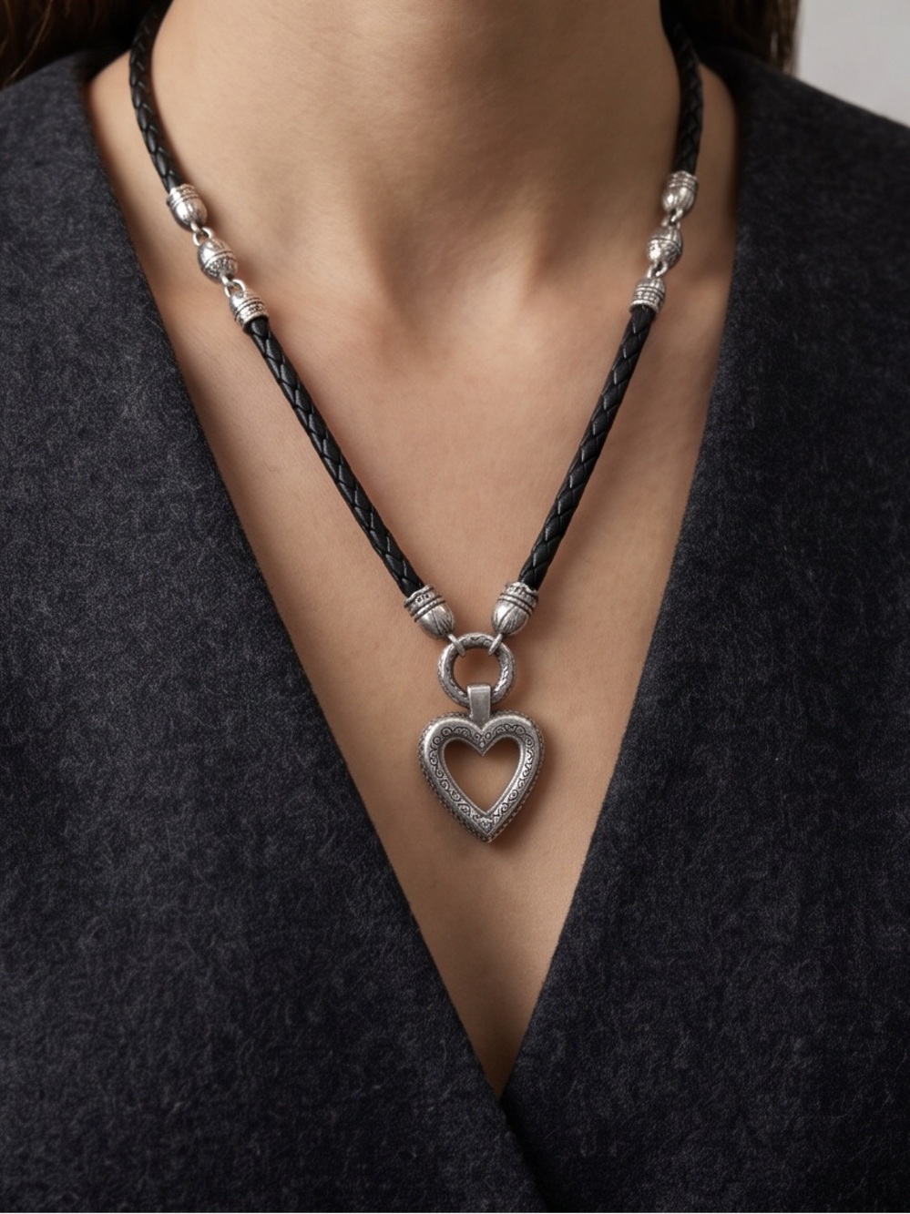 Brighton Ophelia Heart Braided Black Leather Cord Pendant Necklace Silver Tone